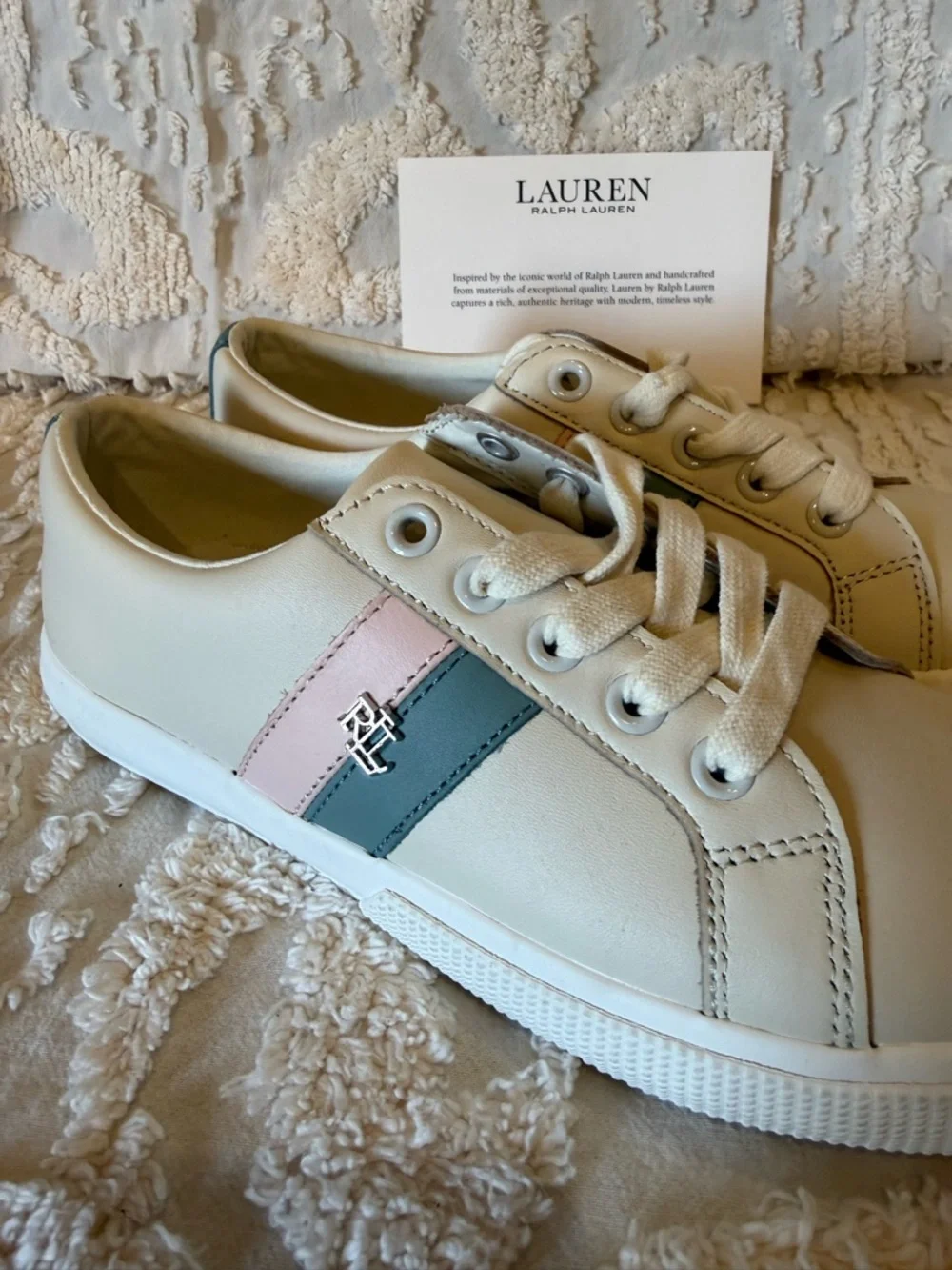 Lauren Ralph Lauren Cream Sneakers with Pink & Teal Stripes